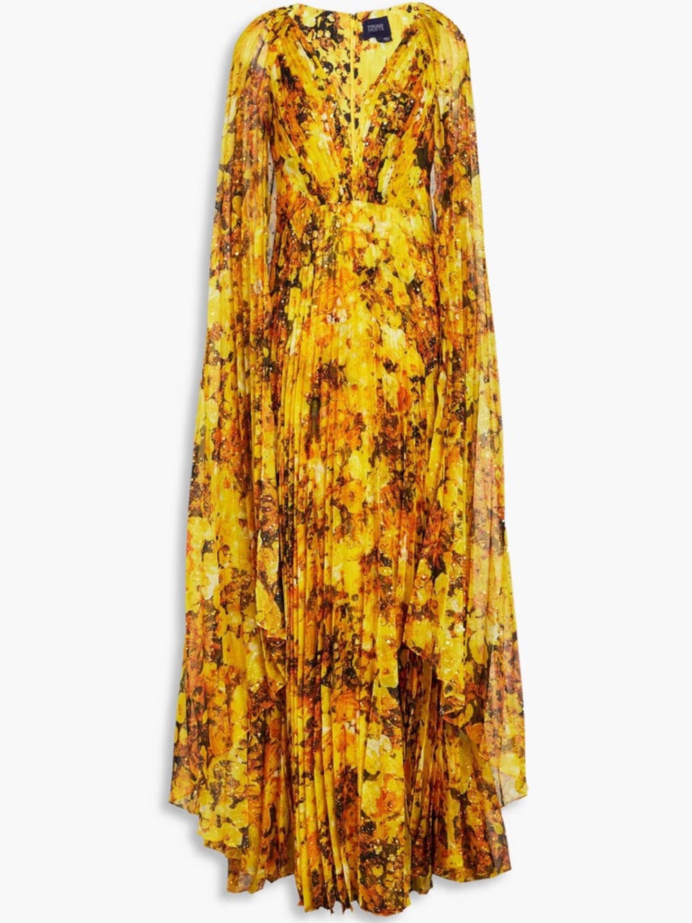 MARCHESA NOTTE Cape-effect pleated floral-print chiffon Gown Saffron size US 4